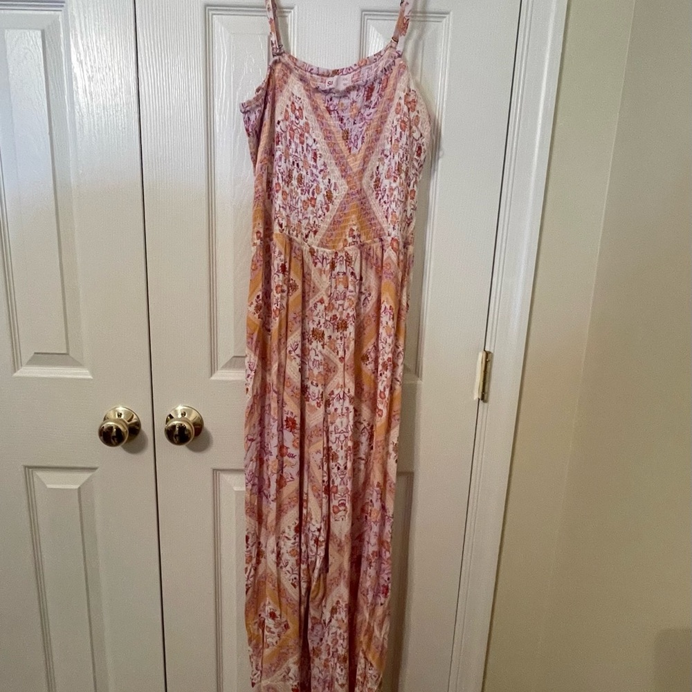 SO Women's Floral Maxi Jumpsuit- Pink and Orange